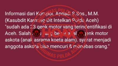 Tersebar Informasi “Hoaks” 23 Geng Askota di Banda Aceh, Satu Nama Polisi Dicatut